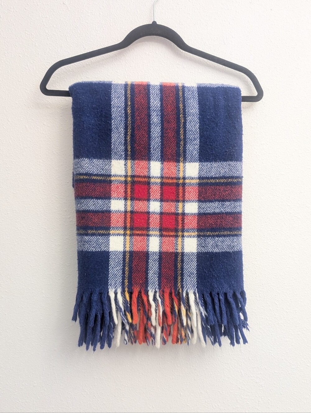 Vintage Wool Plaid Stadium Blanket Navy Red Fringe Throw 58x50